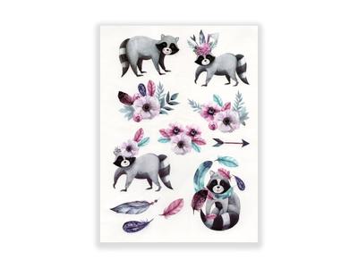 תעתוע קעקוע זמני גדול צבעוני ילדים מיקס קטנים חיות טבע דביבון פרחים נוצות