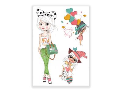 תעתוע קעקוע זמני גדול צבעוני ילדים מיקס נערה עם חתול תחפושת אופנה פאנקי