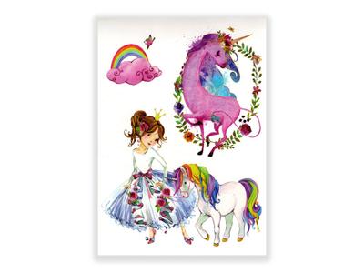 תעתוע קעקוע זמני גדול צבעוני ילדים אגדות ציור חד קרן כתר פרחים נסיכה קשת בענן