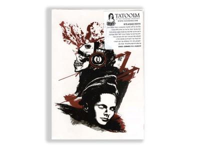 תעתוע קעקוע זמני גדול שחור לבן אדום ילד וגולגולת עם אוזניות רקע אדום